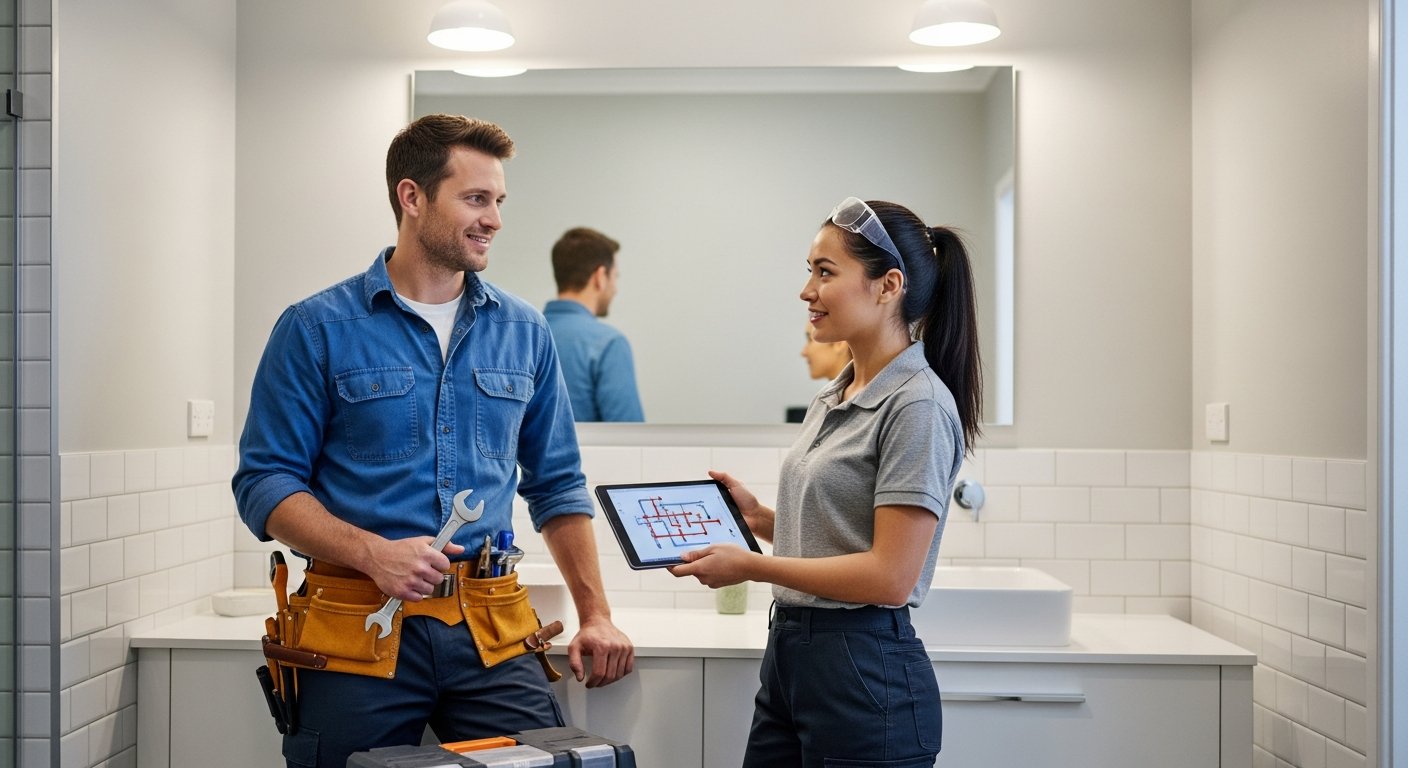LMR Plumbing and Heating team standing in front of branded work van on a Harrogate residential street with Yorkshire stone houses