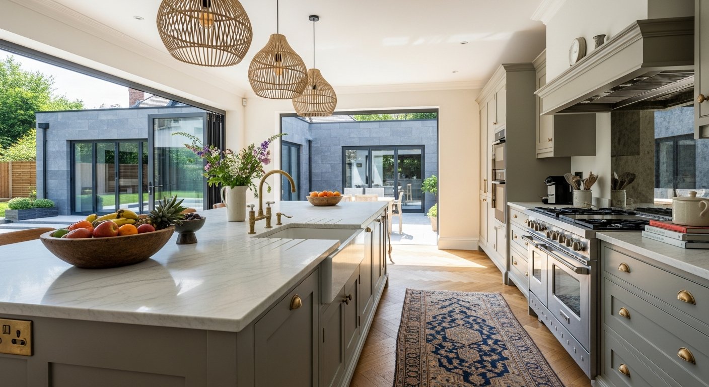 Modern Harrogate kitchen with newly installed boiler and warm natural daylight, showcasing quality plumbing and heating work
